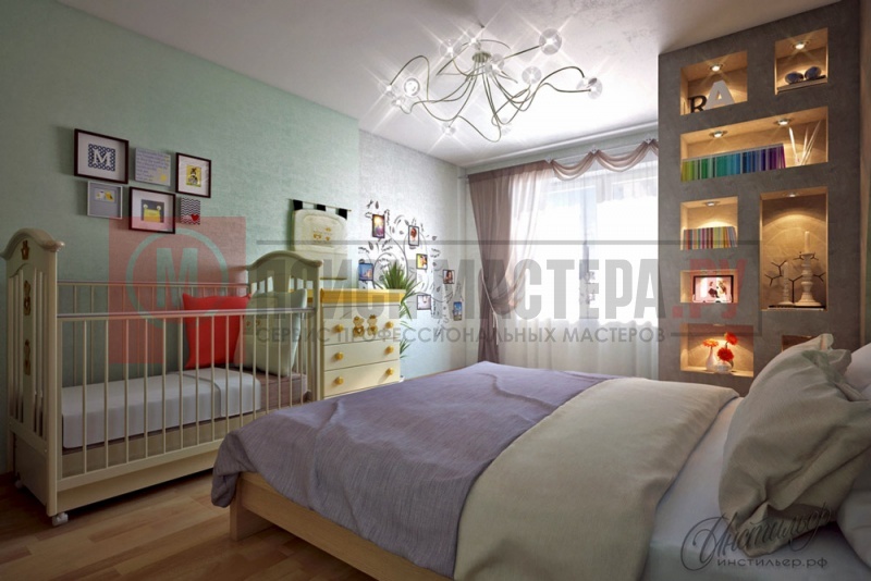 Интерьер спальни, совмещённой с рабочим кабинетом и детской